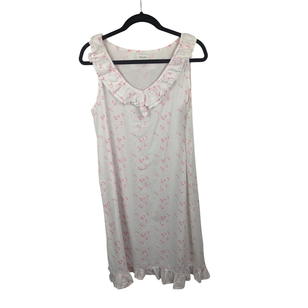 Lenora Womens White Pink Floral 100% Cotton Ruffle Nightgown Sleeveless Small